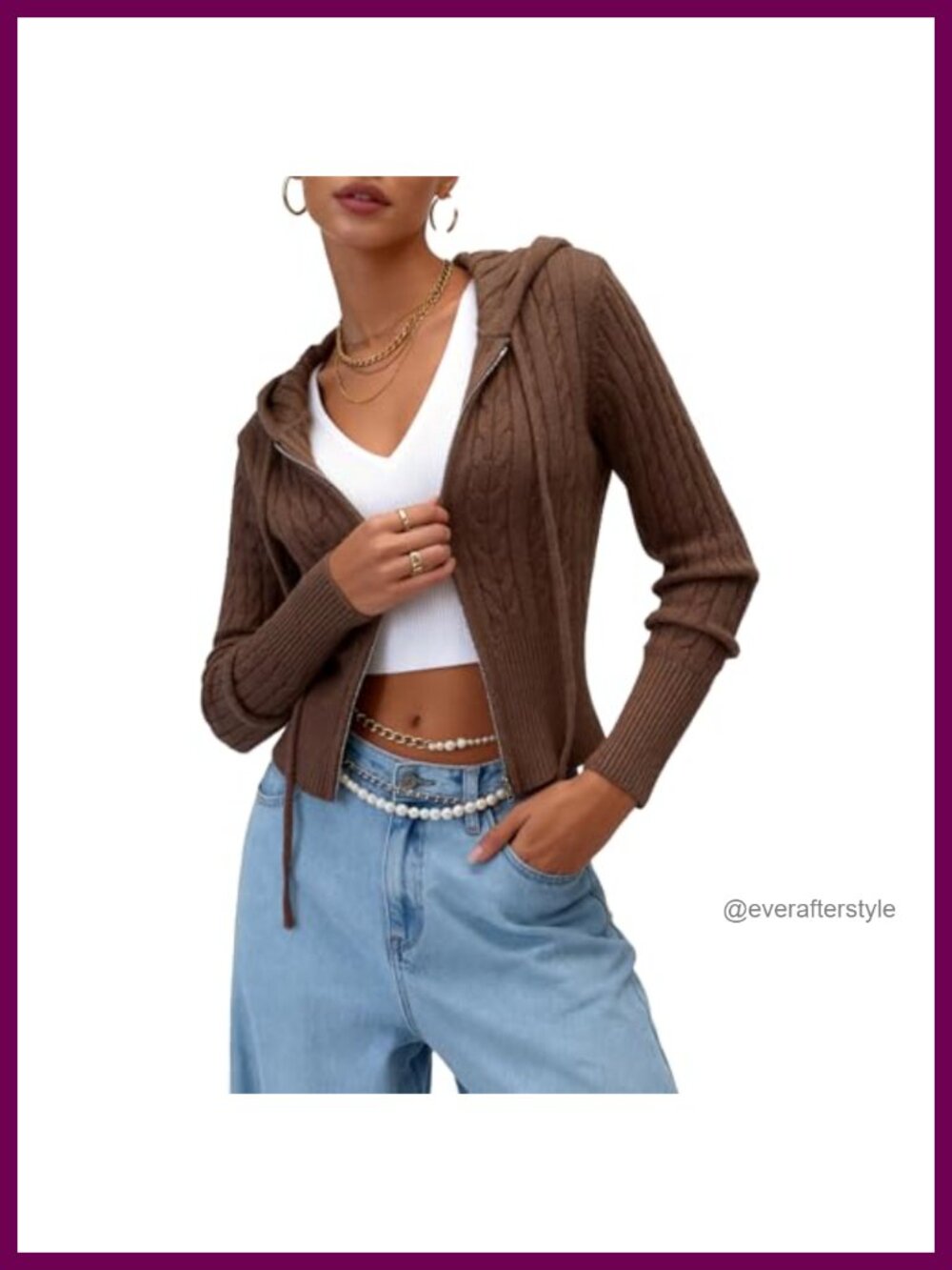Women's Zip Up Cable Knit Hoodie Sweater Cropped Cardigan Jacket
